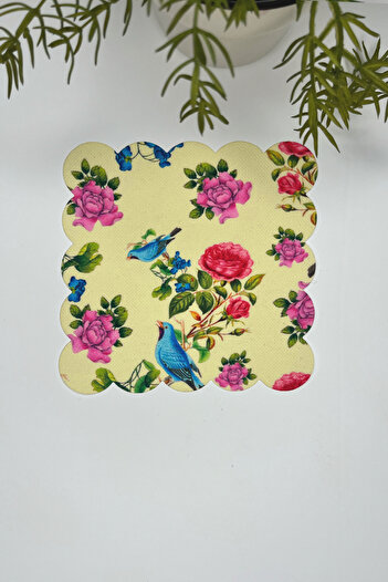DECO Vanilla Light Yellow Background Blue Bird Patterned Digital Printed Laser Cut Cocktail Napkin