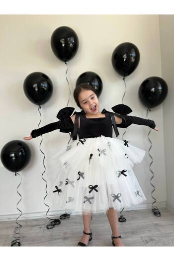 Sare Çocuk Giyim Black White Princess Girl Kid Party Birthday Fluffy Tutu Evening Dress Gown + Buckle + Bow Oversleeve
