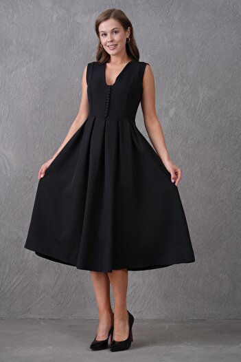vuvutasarım Double Fabric Button Detailed Pleated Flared Cut V-Neck Midi Length Black Evening Dress 2182