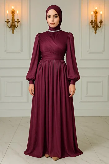 TRENDTESETTÜR Women's Burgundy Stone Collar Evening Dress t 6063