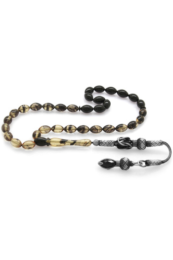 Tesbihane 1000 Sterling Silver Kazaz Tasseled Barley Cut Strained White-Black Fire Amber Rosary