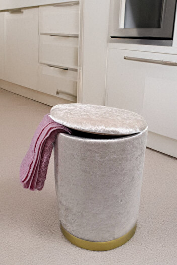 Arte Cotone Mini Baby Puf / Bej Kahve Kapaklı Kadife Kumaş Dekoratif Silindir Koltuk Puf 25x36