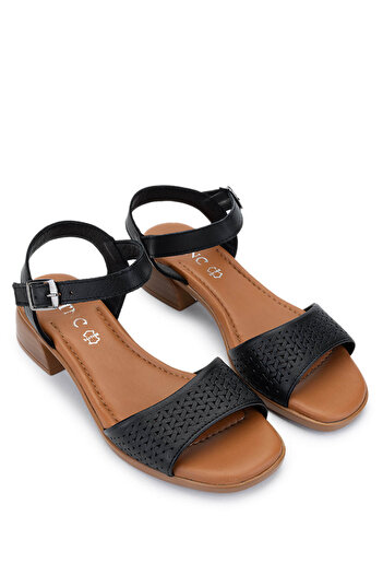 Tamer Tanca Women's Genuine Leather Black Leather Heeled Sandals