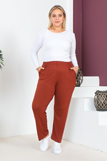 tarzımsüper Women's Large Size Comfort Model Elastic Waist Pocket Lycra and Comfortable Fit Wide Leg Pants