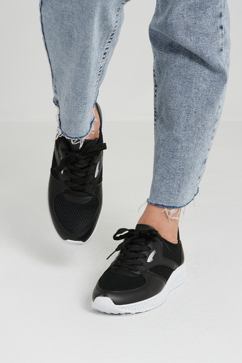 Beyond Women's Black - White Sole Laced Mesh Detailed Leather Sneaker 3cm Byndjack01