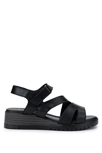 Tamer Tanca Women's Genuine Leather Black Leather Heeled Sandals