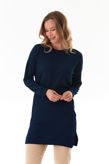 Fulla Moda Bürümcük Fabric Crew Neck Tunic with Slits on the Sides