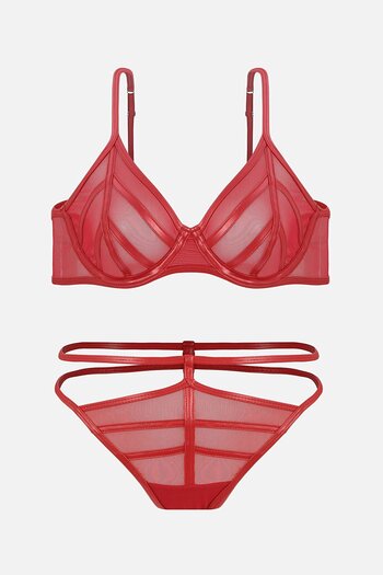 Wonna Leather Tulle Bra Thong Set - Cupless - Fashion - 2711 - Red