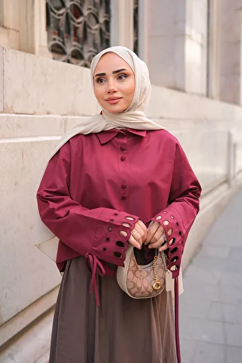 LOCCO Women's Sleeve Embroidered Shirt Claret Red
