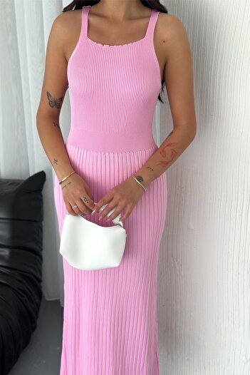 FEMELLE Women's Pink Standard Size Square Neck Knitwear Dress with Waistband