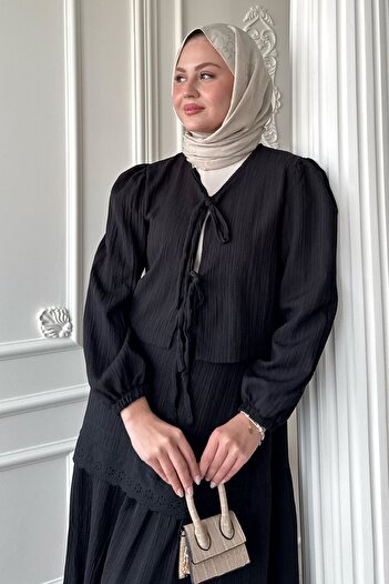 InStyle Kurdeleli Dantel Detay Etekli Krep Siyah Takım