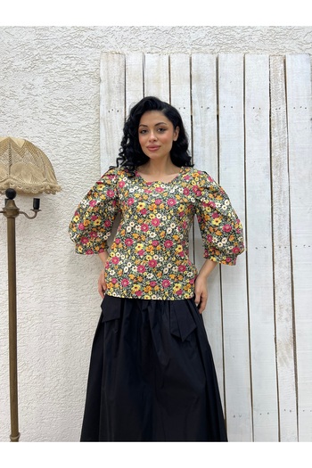 KÜÇÜĞÜM BUTİK Orange Black Multi Floral Balloon Sleeve Blouse
