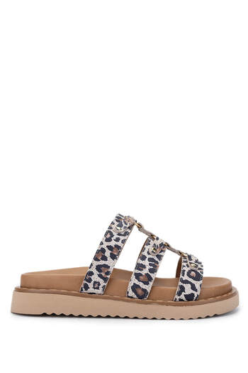 Tamer Tanca Women's Genuine Leather Beige Leopard Flat Slippers