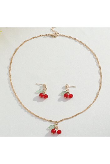 Choice RED K-1430 Cherry Red Necklace Earring Set Light Luxury And Niche Design Collarbone Chain Elegant An