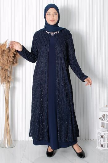 SUBU TASARIM Necklace Detailed Evening Dress Navy Blue Tbsmda2323