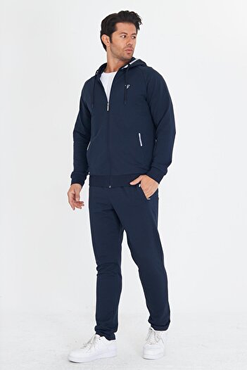 TRENDHİLL Men's Cotton Hooded Tracksuit Set Navy Blue 5756-L