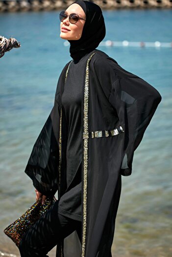 Marina Sequined Black Kimono Kaftan P2346