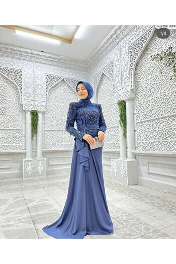 Kenzel İşlemeli Uzun Kollu Tesettür Abiye Elbise