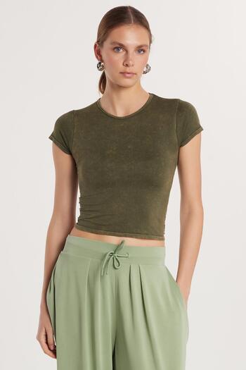 Tudors Women's Slim Fit Slim Fit Plain Basic Crew Neck Khaki T-Shirt