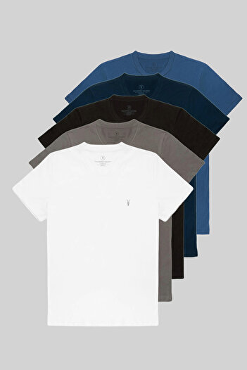 COMBİNE MİCHAİL Set de tricouri de vară pentru bărbați, 5 piese, 100% bumbac Culori: indigo-albastru închis-negru-fum-alb