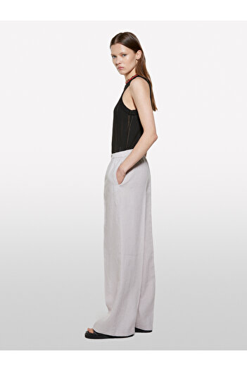 Sisley Women's Gray 100% Linen Elastic Waist Pleated Wide Leg Trousers