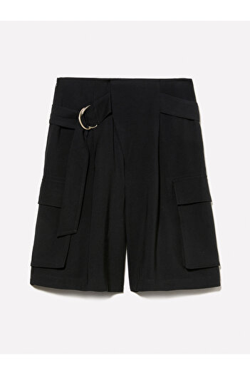 Sisley Women's Black Viscose Blended Belted Comfort Fit Bermuda Shorts