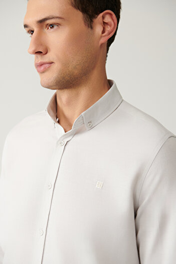 Avva Men's Gray Buttoned Collar Easy-Iron Cotton Oxford Shirt E 002000