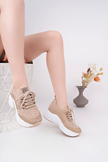 McDark Women's Beige Hidden Heel Stone Comfortable High Sole Knitwear Sneaker Shoes
