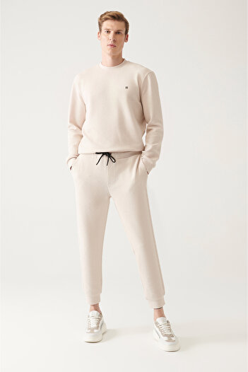 Avva Men's Beige Lace-Up Waist Jacquard Cotton Sweatpants with Elastic Legs A31Y3450