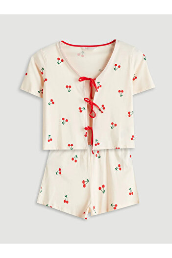 LC Waikiki Lcw Dream Ecru Cherry Patterned Women's Shorts Pajama Set t t