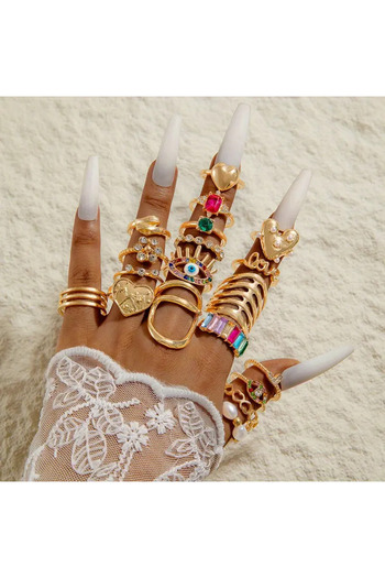 Takıtolia Selure 19 Pieces Crystal Stone Geometric Evil Eye Design Vintage Multiple Gold Gold Ring Set