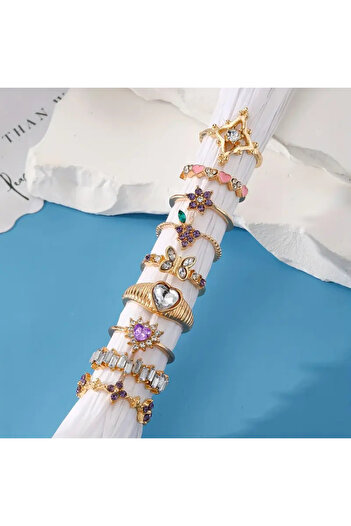 Takıtolia Velura Set of 9 Stylish Design Vintage Multi Gold Gold Rings with Colorful Stones, Heart Butterfly Flower Figures