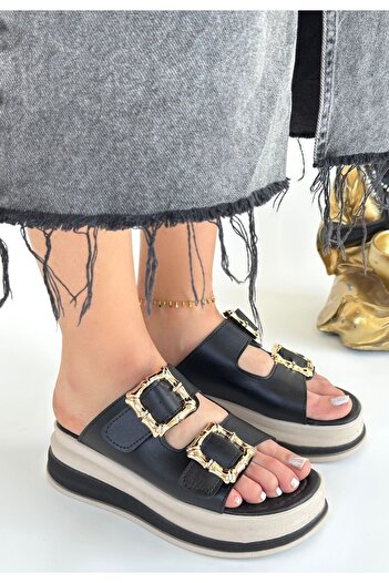 BESKAR Jalli Black Skin Slippers