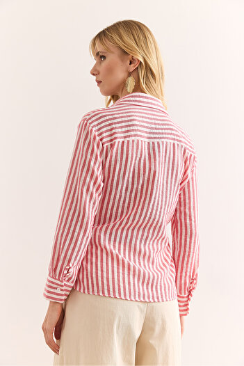 Olalook Women's Red Side Tie Detailed Striped Linen Blouse Blz-19002971