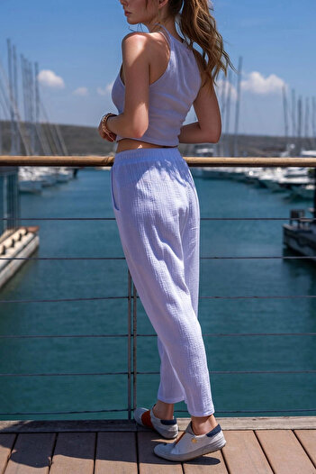 bacc Women's White Muslin Elastic Waist Pocket Casual Trousers Bcbsk-25700-3416