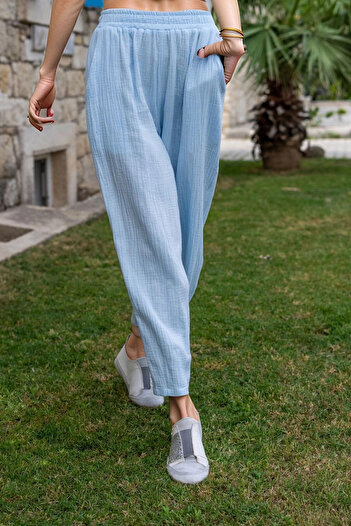 bacc Women's Baby Blue Muslin Elastic Waist Pocket Loose Trousers Bcbsk-25700-3416