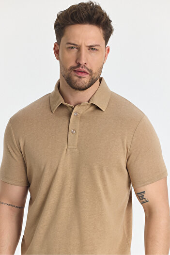 Frappoli Wolfe Men's - Camel Lycra Cotton Blend, Non-Shrinkable and Non-Curling Collar Polo T-Shirt