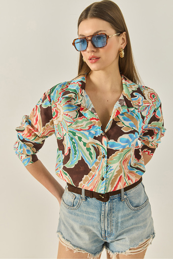 Bianco Lucci Women's V-Neck Long Sleeve Patterned Poplin Shirt 6638 60283259