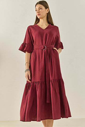 Bianco Lucci Women's V-Neck Belted Skirt with Pocket Flounce Detailed Loose Dress 8406 60283256