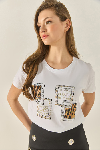 Bianco Lucci Damen-T-Shirt aus Baumwolle mit Rundhalsausschnitt und Leopardenmuster, reguläre Passform, 1844 60283286