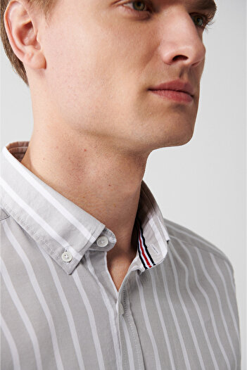 Avva Men's Gray 100% Cotton Oxford Striped Shirt A31Y2055