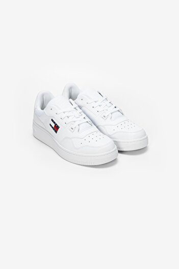 Tommy Hilfiger Erkek Marka Logolu Deri Üst Kauçuk Dış Tabanlı Gündelik Kullanıma Uygun Beyaz Sneaker
