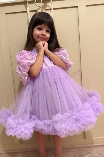 penu baby kids Lilac Sequined Balloon Sleeve Girl's Baby Girl Evening Dress with Grainy Tulle Skirt - Terra