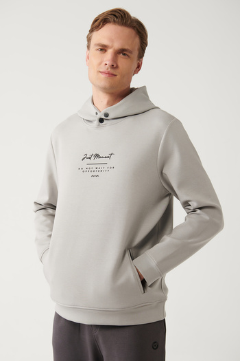 Avva Men's Gray Interlock Fabric Hooded Printed Sweatshirt A32Y1235
