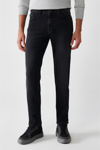 Avva Men's Anthracite Distressed Washed Cotton Stretch Berlin Slim Fit Jean Trousers B003519