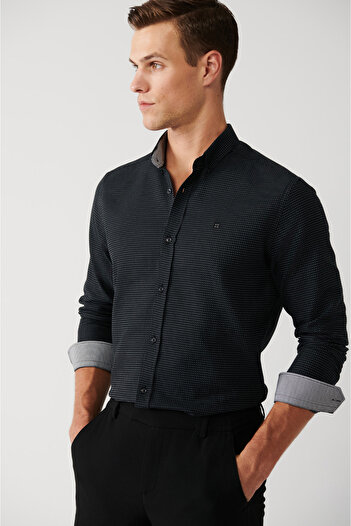 Avva Men's Black 100% Cotton Button Collar Easy Iron Cotton Shirt A32Y2076