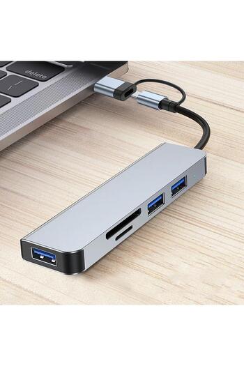 REDz Accessories Cablu Hub cu 5 porturi, USB + Card, Conector Type-C, Gri