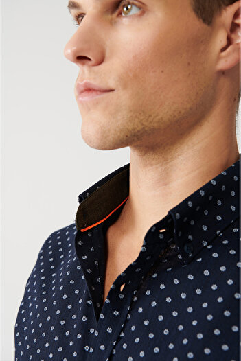 Avva Men's Navy Blue Buttoned Collar Patterned Embroidered Cotton Shirt A32Y2141