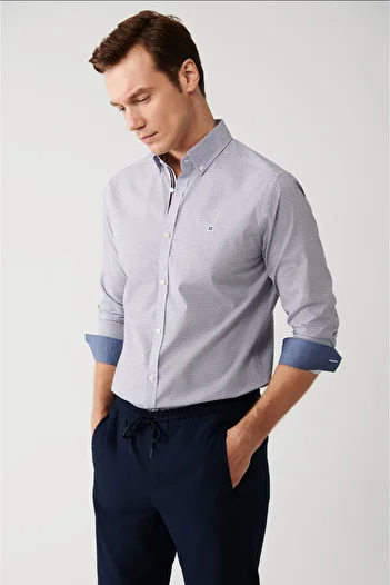 Avva Men's Blue 100% Cotton Easy Ironing Pattern Stripe Detailed Cotton Shirt A32Y2172