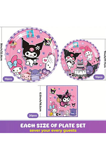 So Iconic 20 Kişilik 80 Parça Sanrio Kuromi Karakterli Doğum Günü Partisi Seti / Karton Tabak, Bardak, Peçete